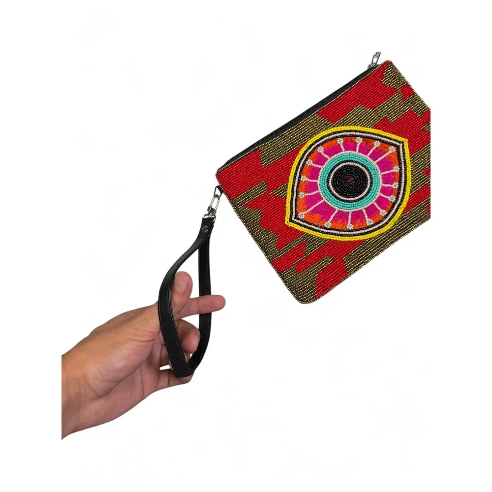 Evil Eye Beaded Wristlet Clutch Bag Red Gold Pink Boho Talisman Pouch